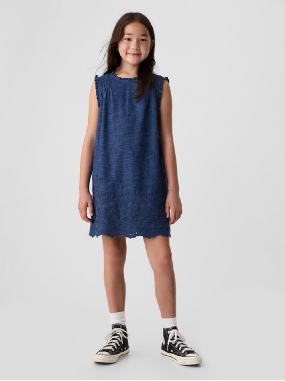 Navy Eyelet Shift Dress for Kids - Sleeveless Casual
